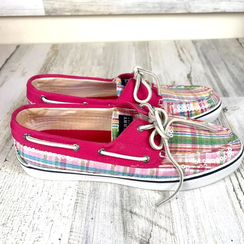 Sperry Womens 10 Pink Pastel Plaid Sequin Boat Shoes Coastal Chic